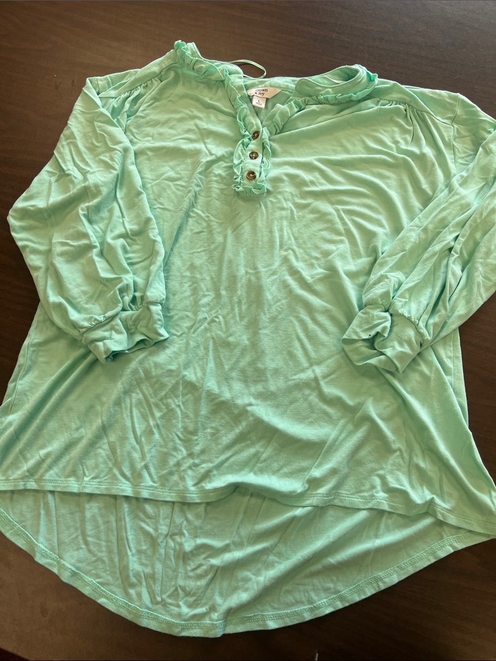 crown & ivy Mint Green Ruffle Henley Long-Sleeve Top